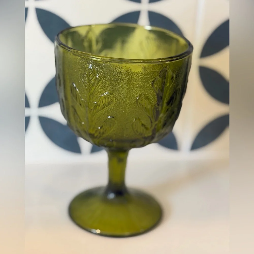 Vintage 1975 FTD Avacado Green Glass Pedestal Vase. Compote | Embossed Leaf EUC